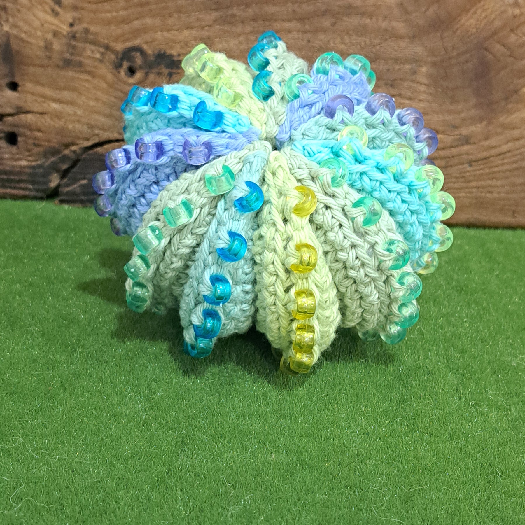 Crochet fidget stress ball/ beaded/ pastel blues and greens