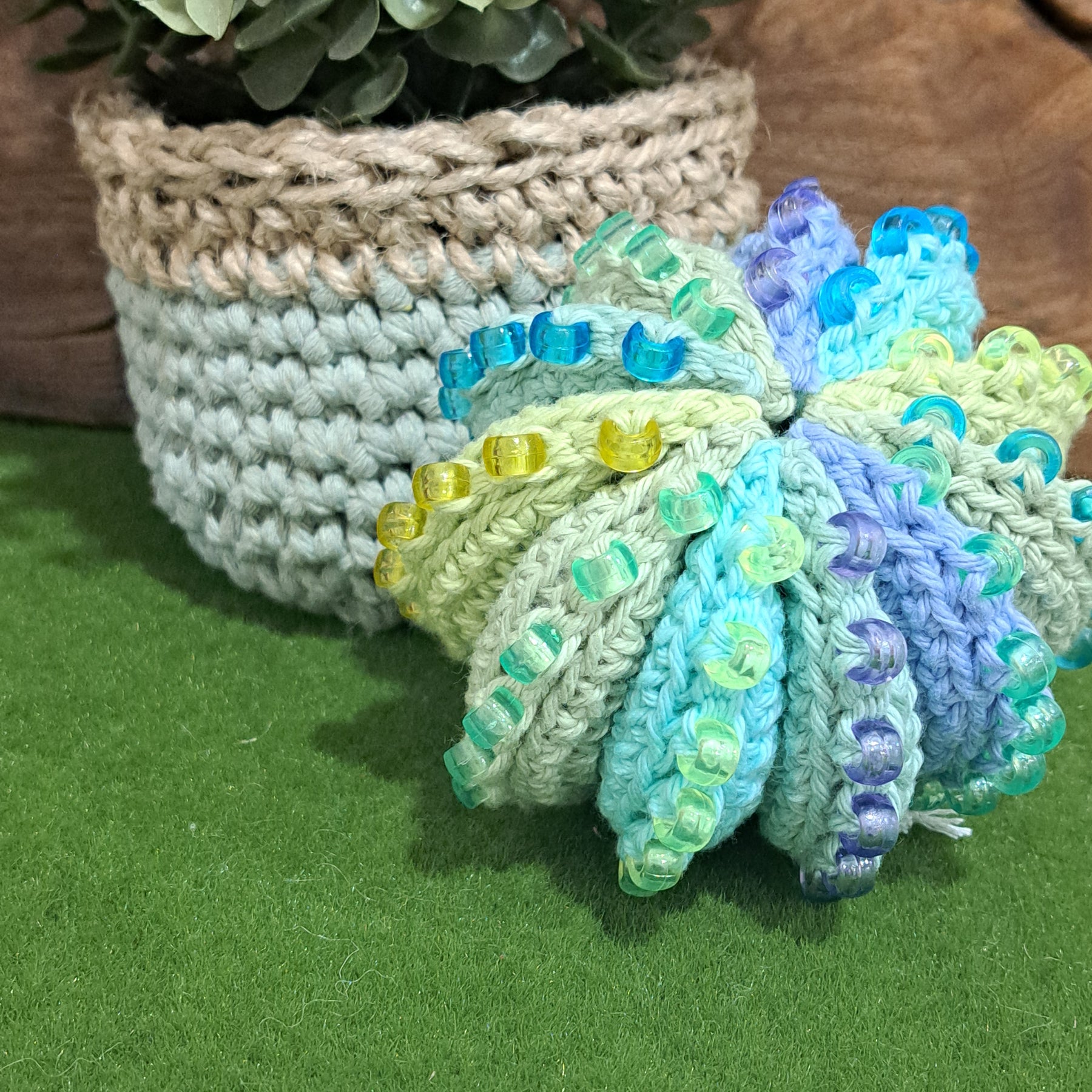 Crochet fidget stress ball/ beaded/ pastel blues and greens