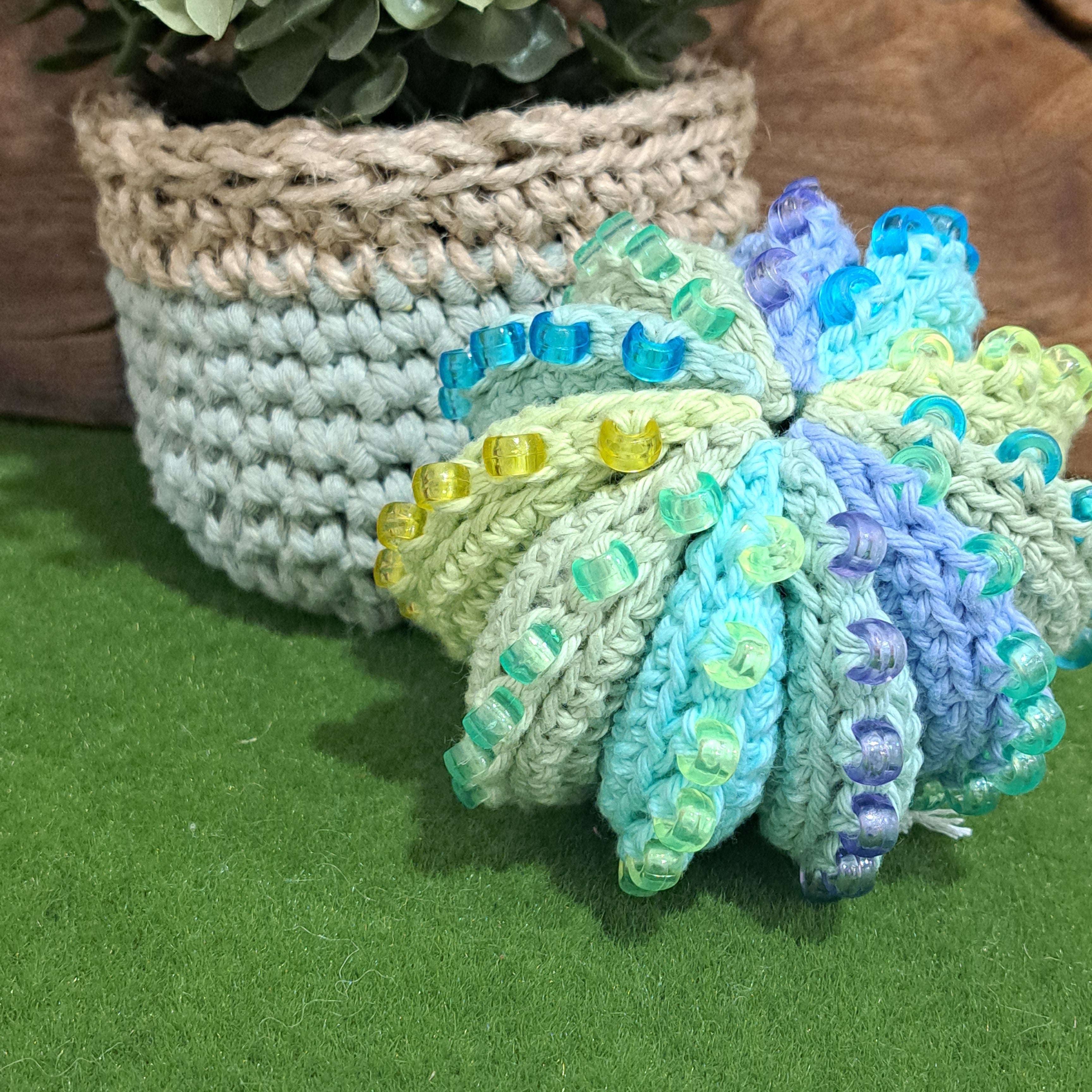 Crochet fidget stress ball/ beaded/ pastel blues and greens