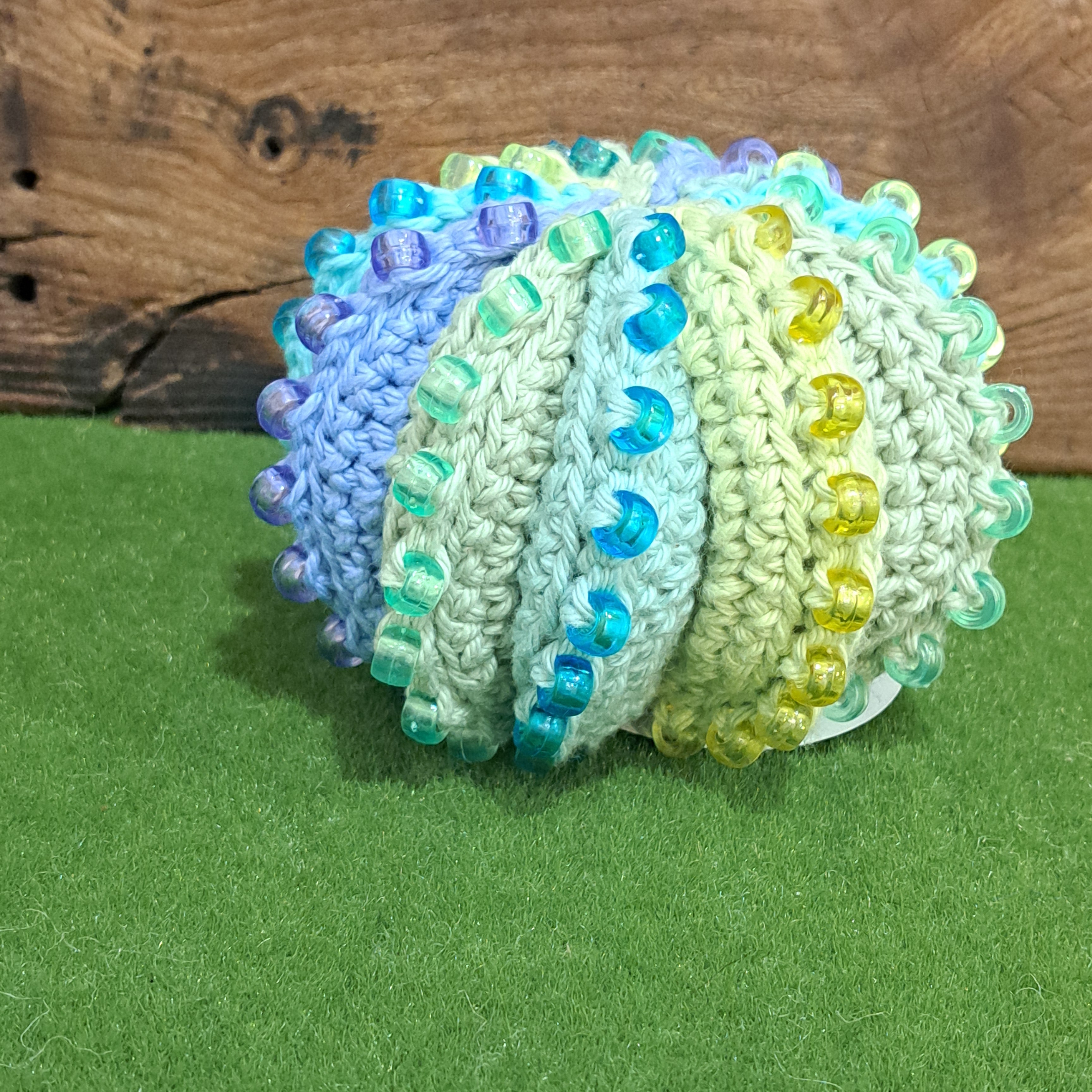 Crochet fidget stress ball/ beaded/ pastel blues and greens