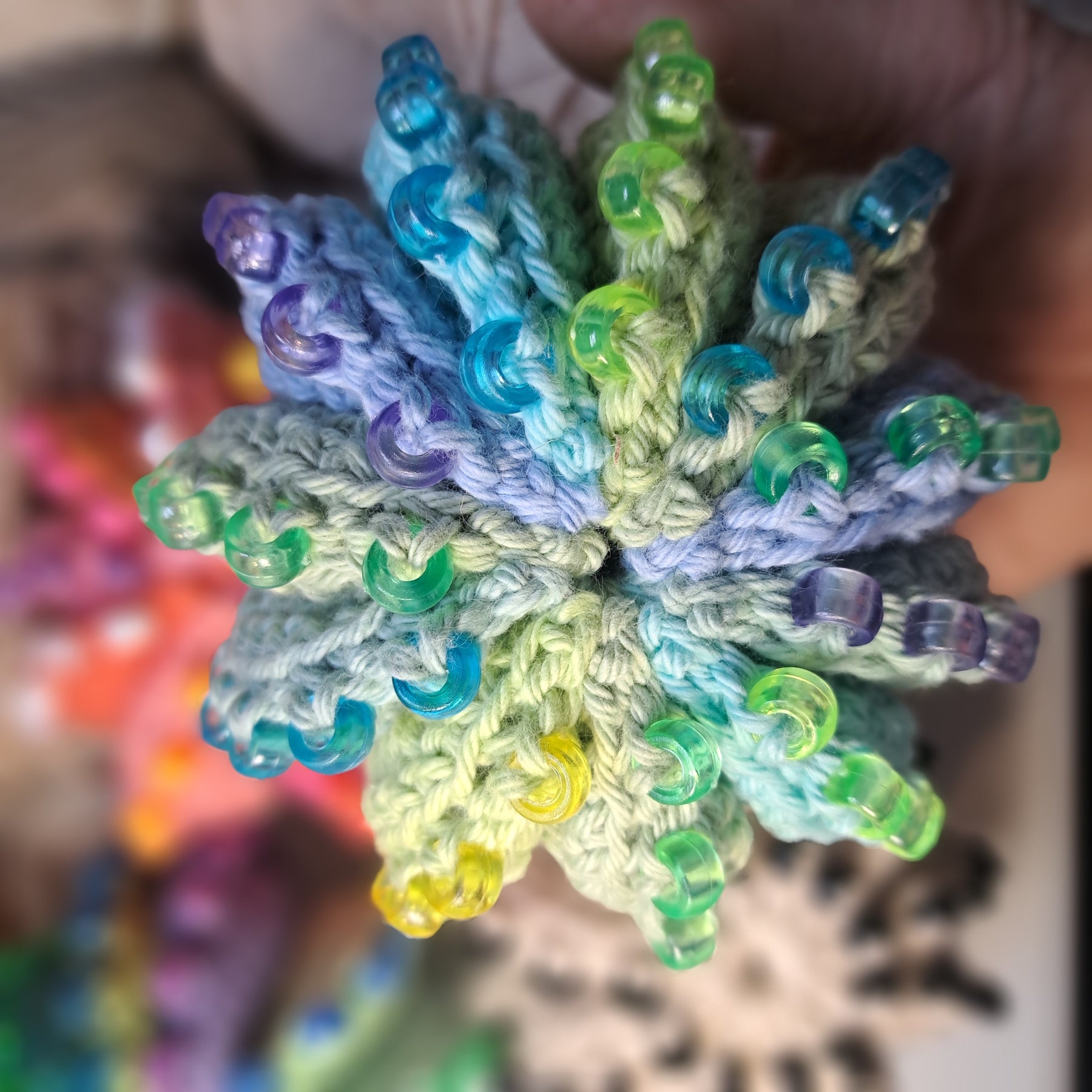 Crochet fidget stress ball/ beaded/ pastel blues and greens