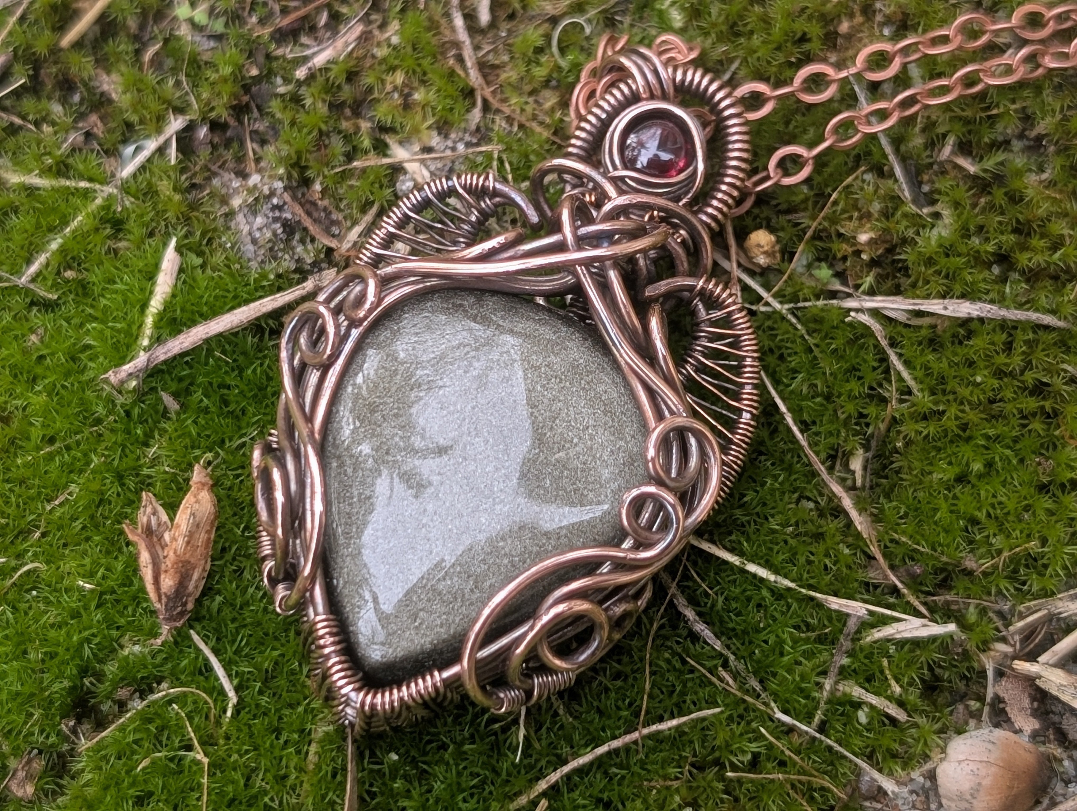 Winifred - Gold Sheen Obsidian & Garnet in Oxidised Copper