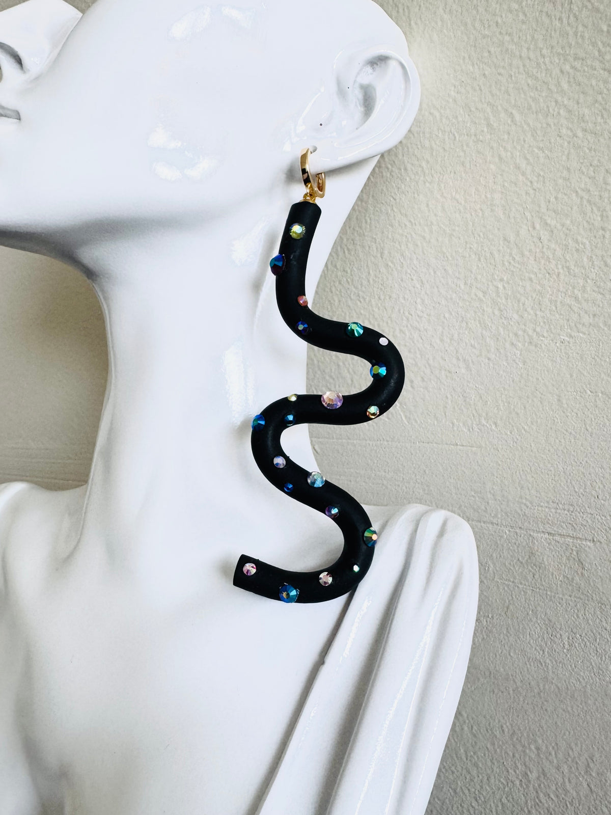 Black squiggle polymer clay earrings with holographic gems