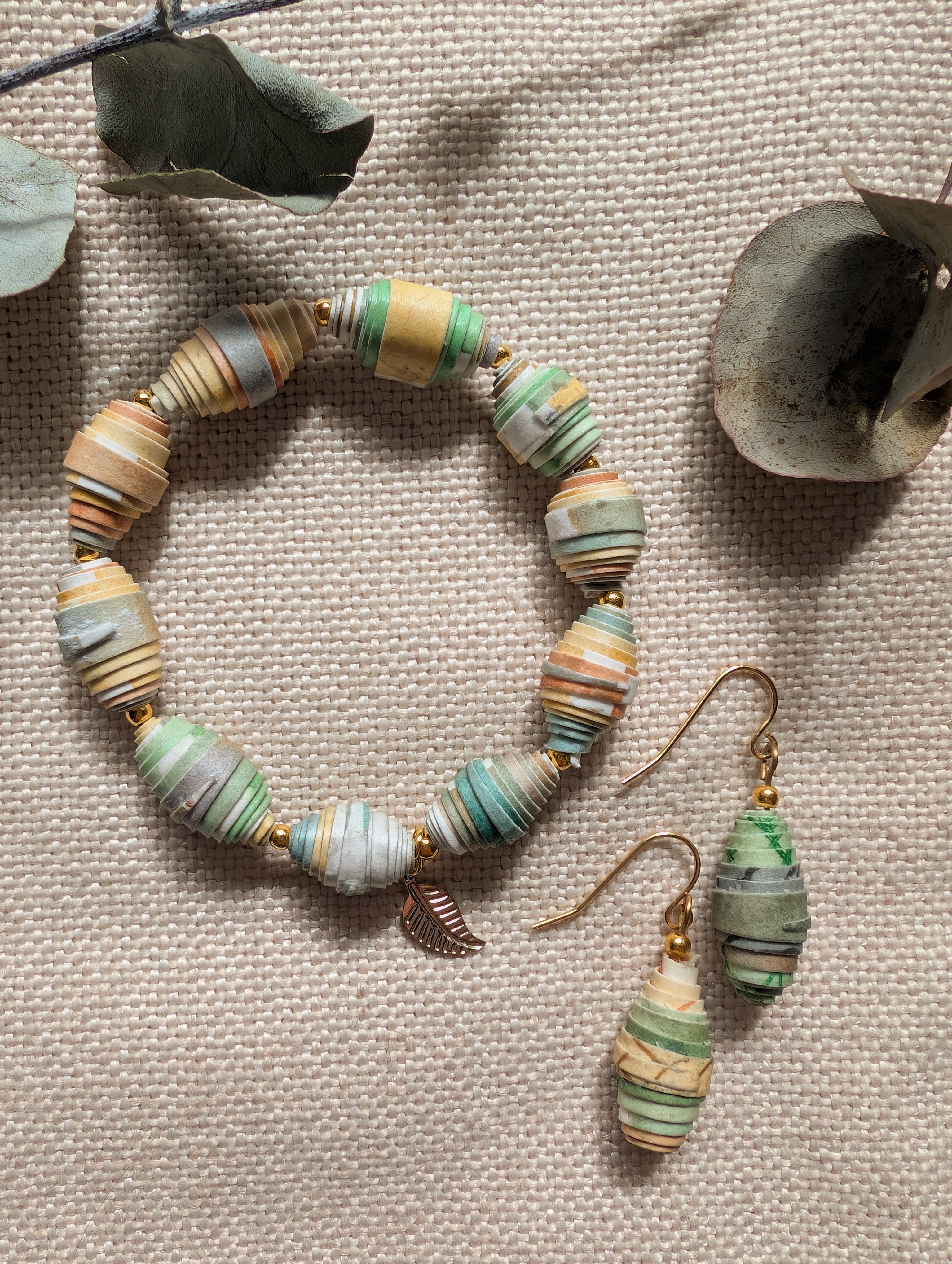 Handmade Paper Bead Earrings – Botanical Green Drop Earrings