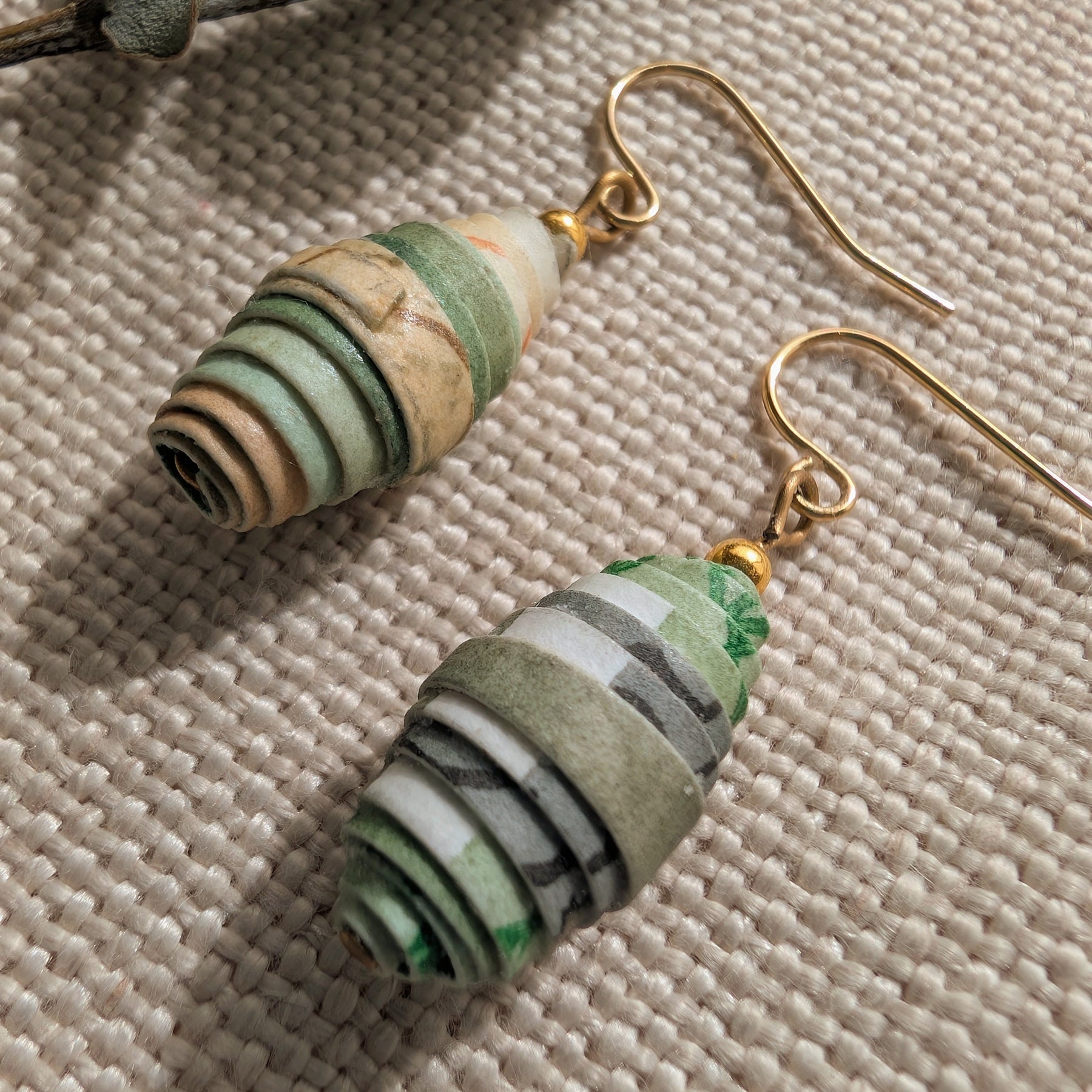 Handmade Paper Bead Earrings – Botanical Green Drop Earrings