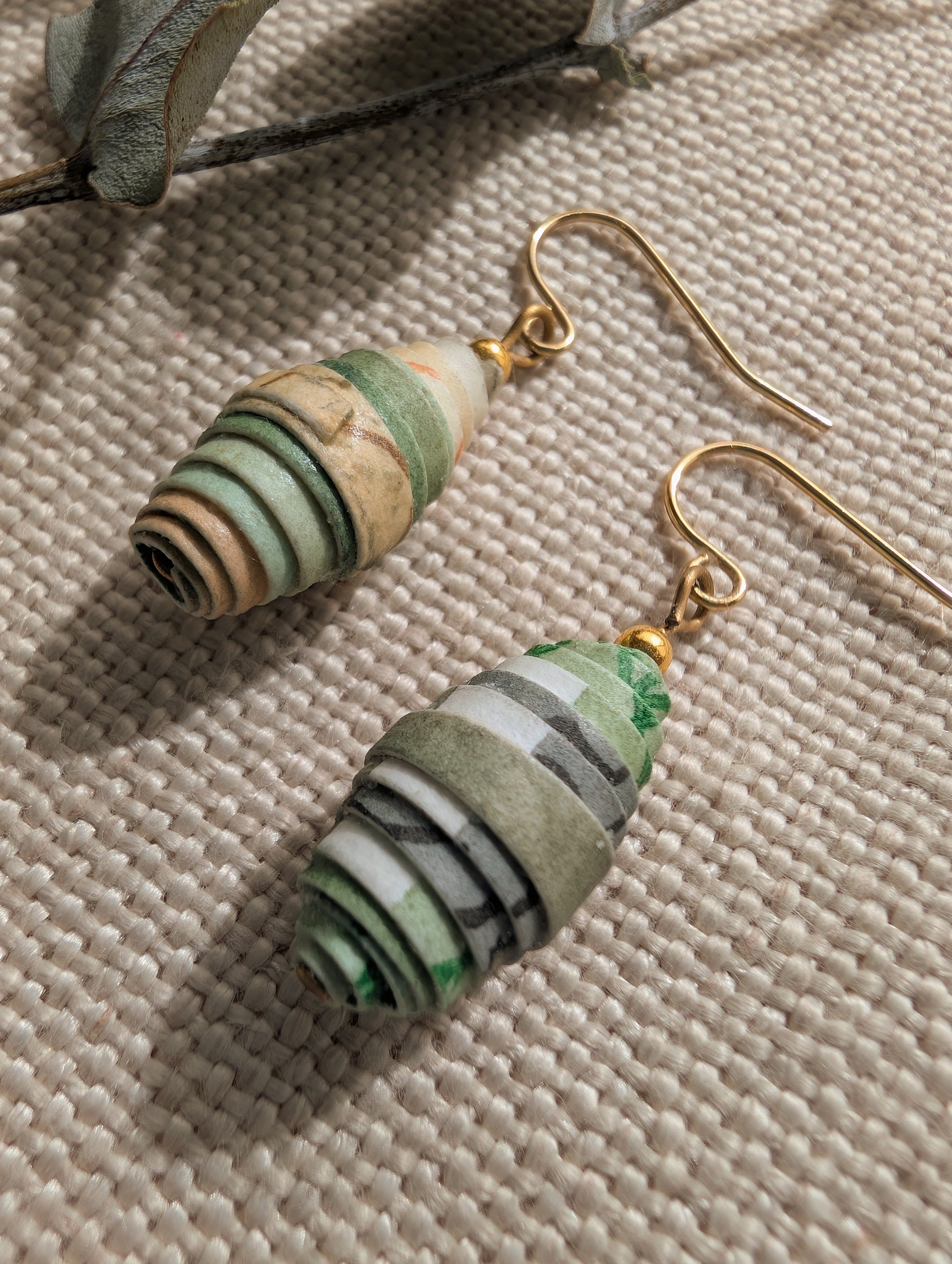 Handmade Paper Bead Earrings – Botanical Green Drop Earrings