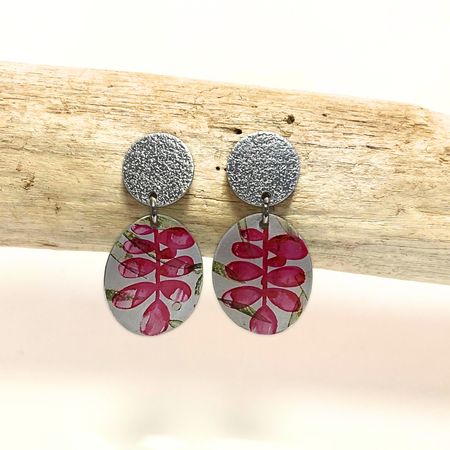 Anodised aluminium earrings hand printed - Pink Fern - A199