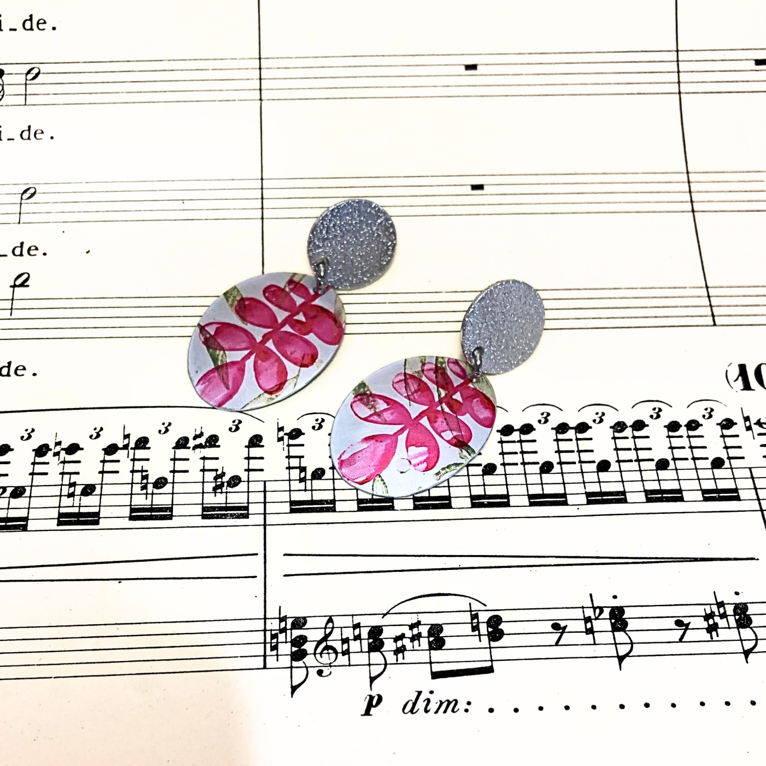 Anodised aluminium earrings hand printed - Pink Fern - A199