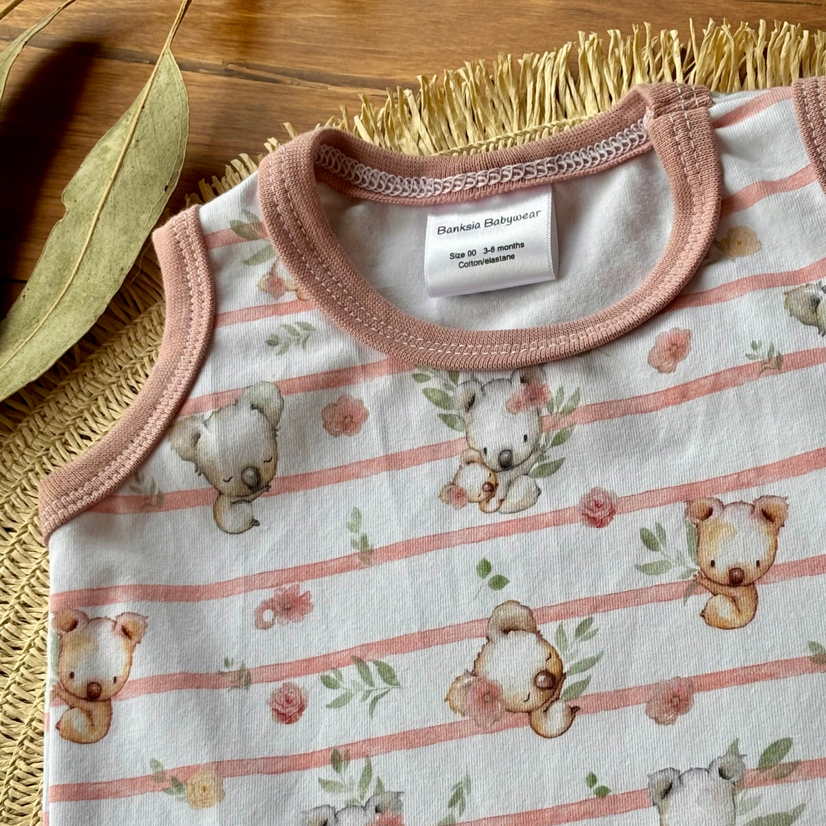 Baby Tank Bodysuit | Pink Koala Stripe | Size premmie to 2 | Made to order