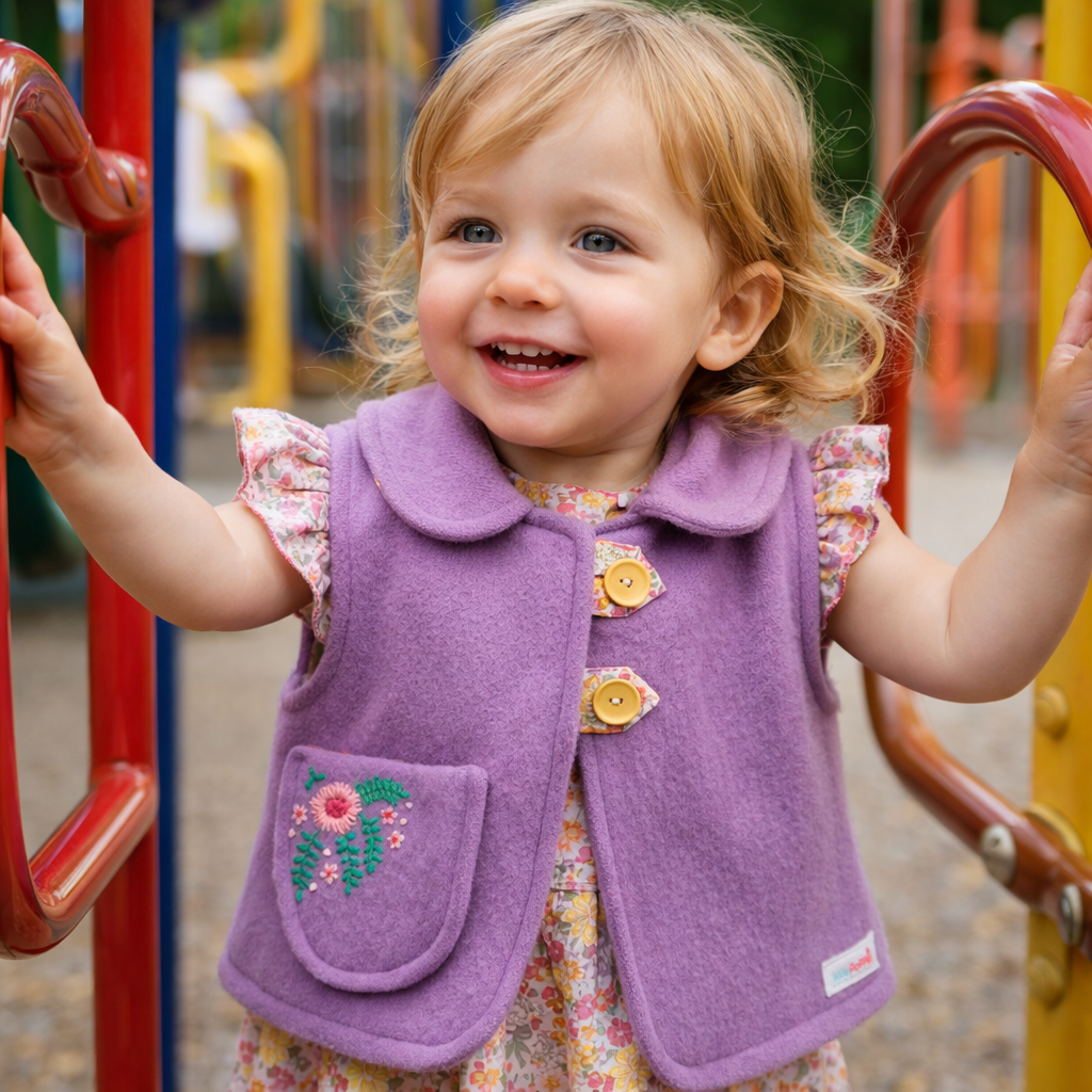 Girls Upcycled Blanket Vest with Hand Embroidered Pocket