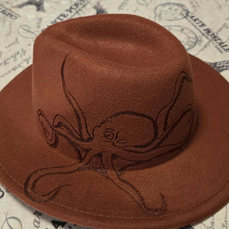 Hand burnt octopus fedora hat