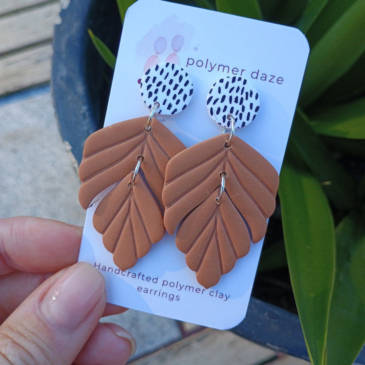 Brown Leaf dangle earrings with painted stud top