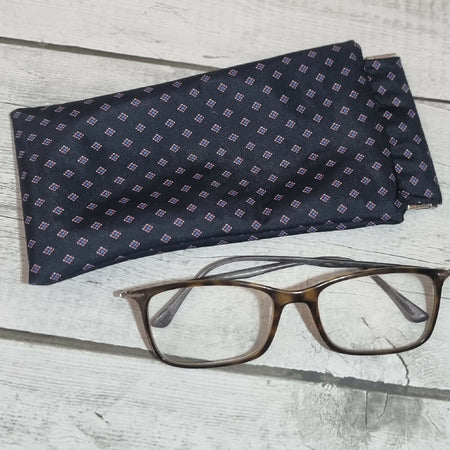 Flex frame glasses pouch, upcycled tie - black, tiny diamond pattern