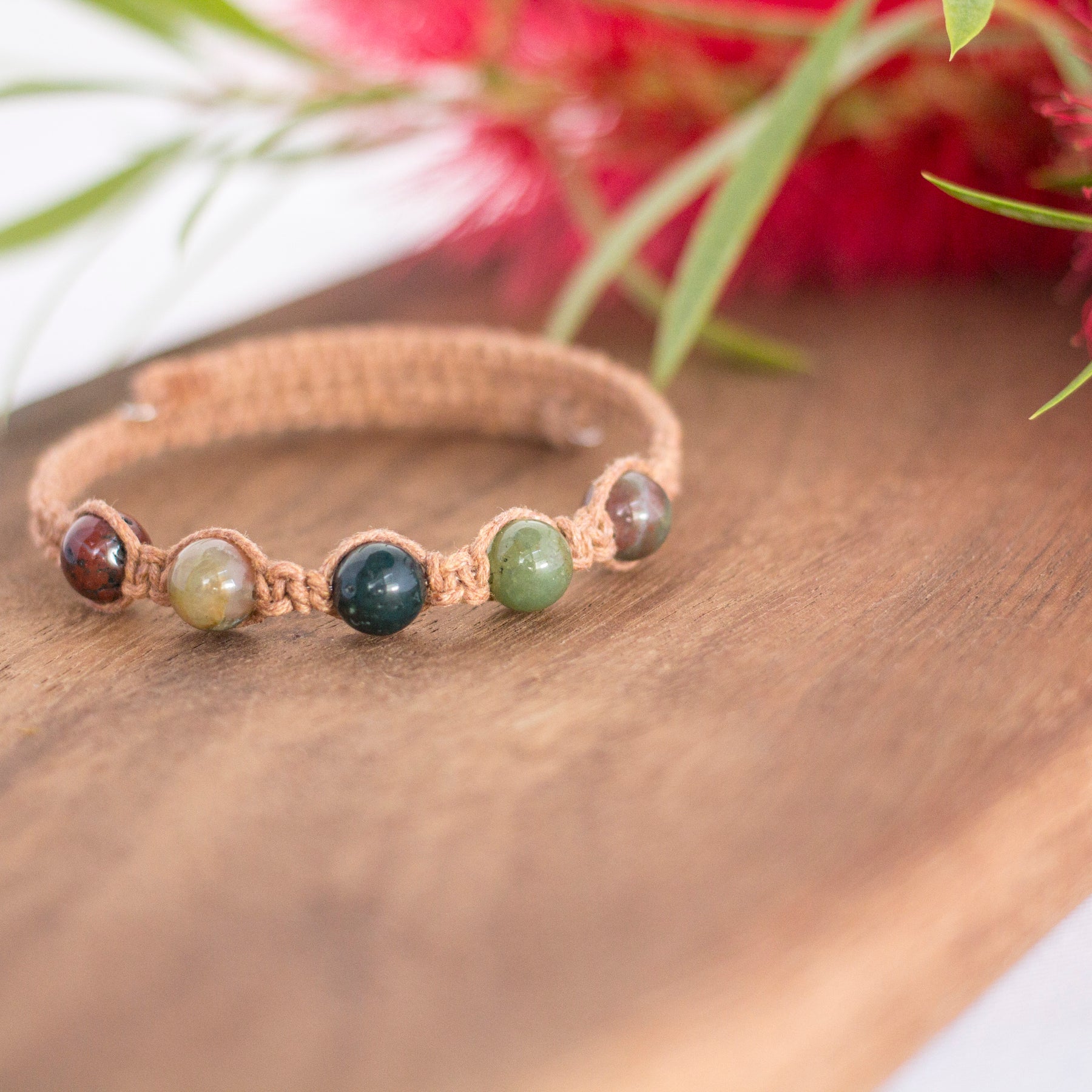 Indian Agate Gemstone Tan Macrame Wrap Bracelet | Cotton Cord Jewellery | Gift Set