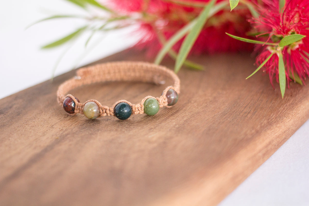 Indian Agate Gemstone Tan Macrame Wrap Bracelet | Cotton Cord Jewellery | Gift Set