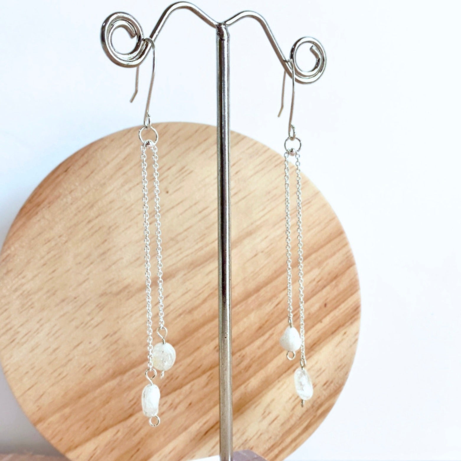 Natural Moonstone silver chain dangle earrings | Sterling silver | June birthstone