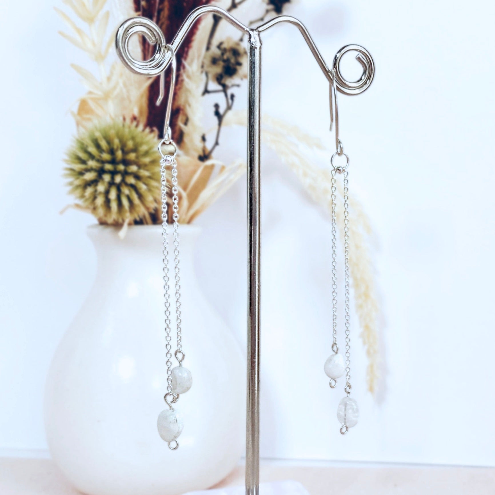 Natural Moonstone silver chain dangle earrings | Sterling silver | June birthstone