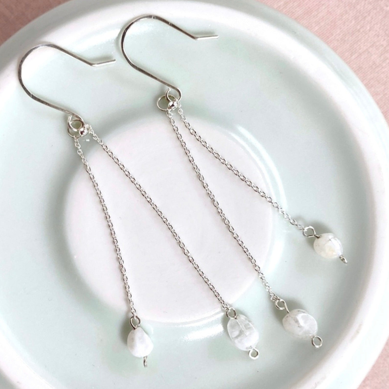 Natural Moonstone silver chain dangle earrings | Sterling silver | June birthstone