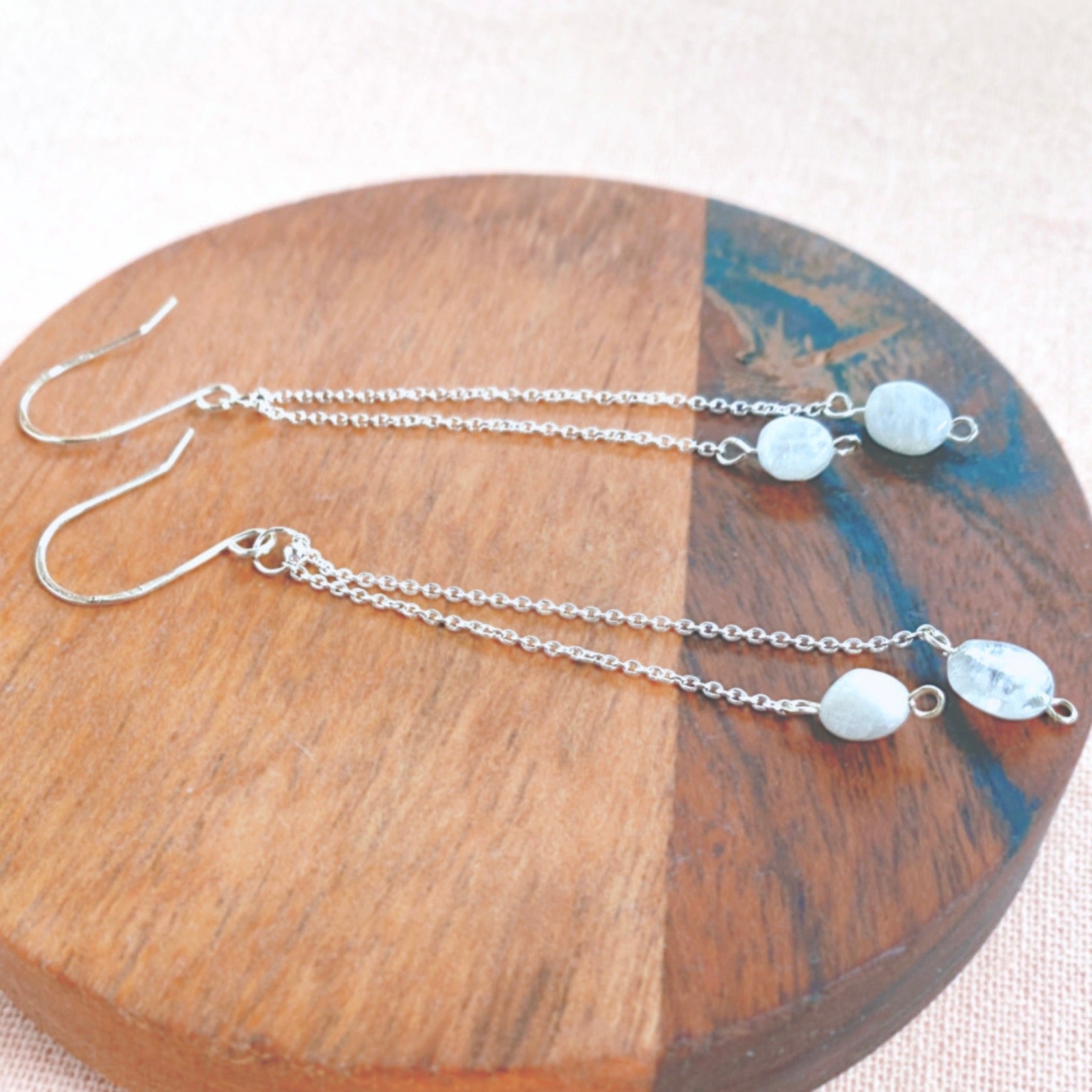Natural Moonstone silver chain dangle earrings | Sterling silver | June birthstone