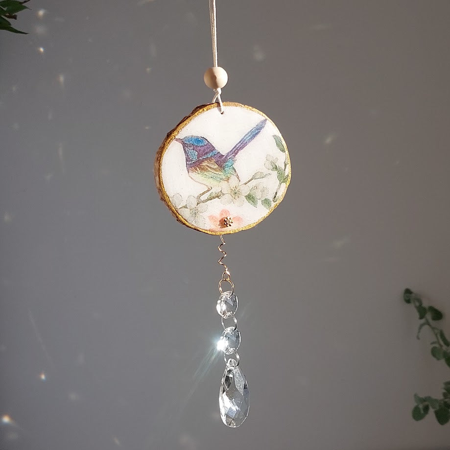 Crystal Suncatcher, Handmade Window Hanging, blue fairy-wren bird
