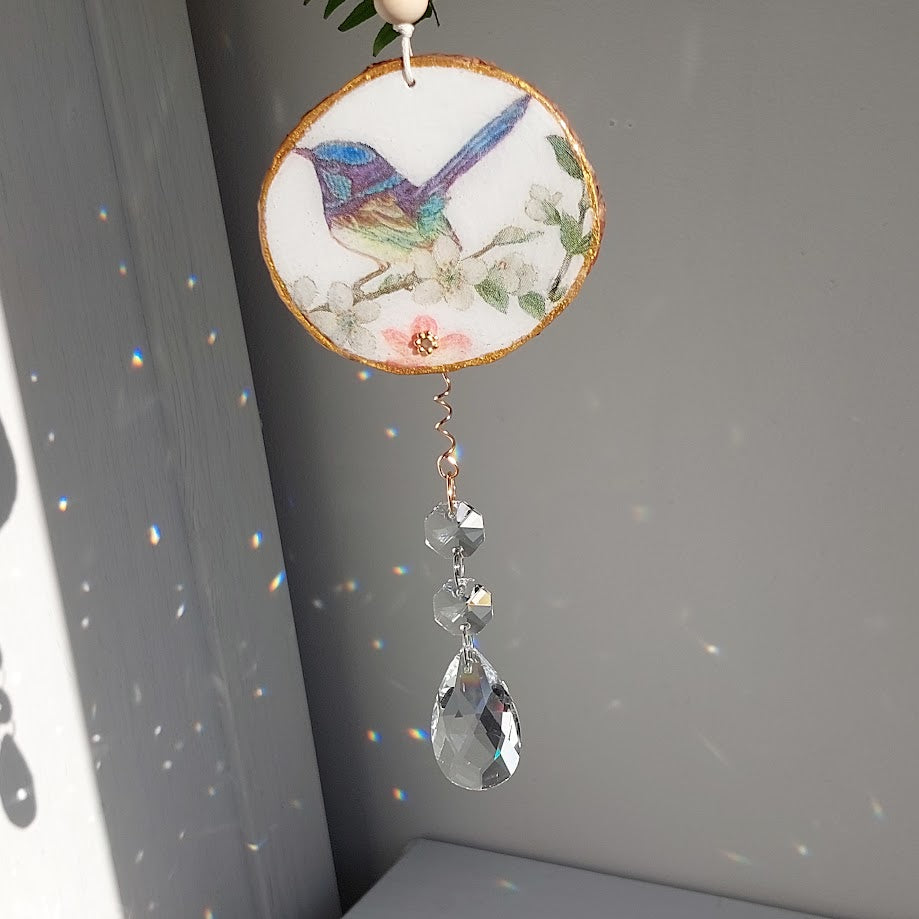 Crystal Suncatcher, Handmade Window Hanging, blue fairy-wren bird