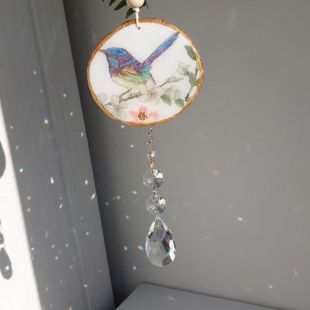 Crystal Suncatcher, Handmade Window Hanging, blue fairy-wren bird