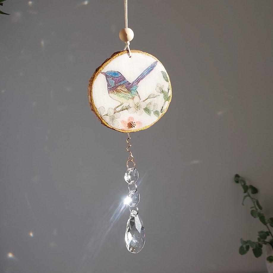 Crystal Suncatcher, Handmade Window Hanging, blue fairy-wren bird