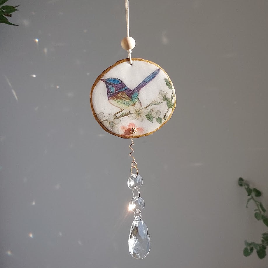 Crystal Suncatcher, Handmade Window Hanging, blue fairy-wren bird