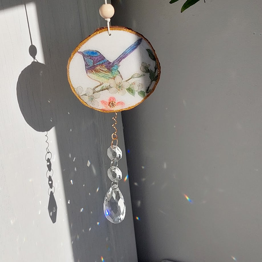 Crystal Suncatcher, Handmade Window Hanging, blue fairy-wren bird
