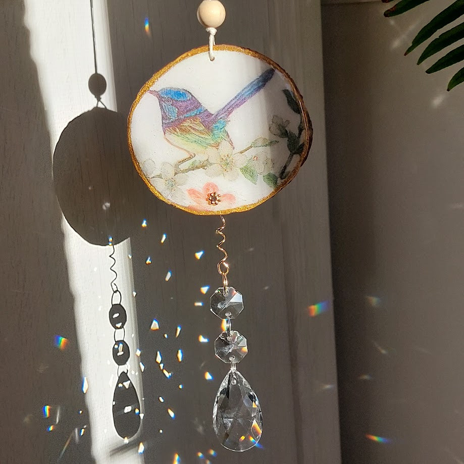 Crystal Suncatcher, Handmade Window Hanging, blue fairy-wren bird