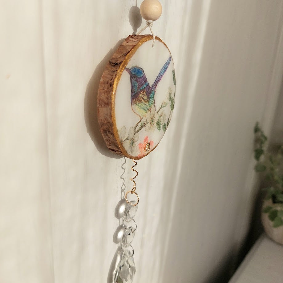 Crystal Suncatcher, Handmade Window Hanging, blue fairy-wren bird