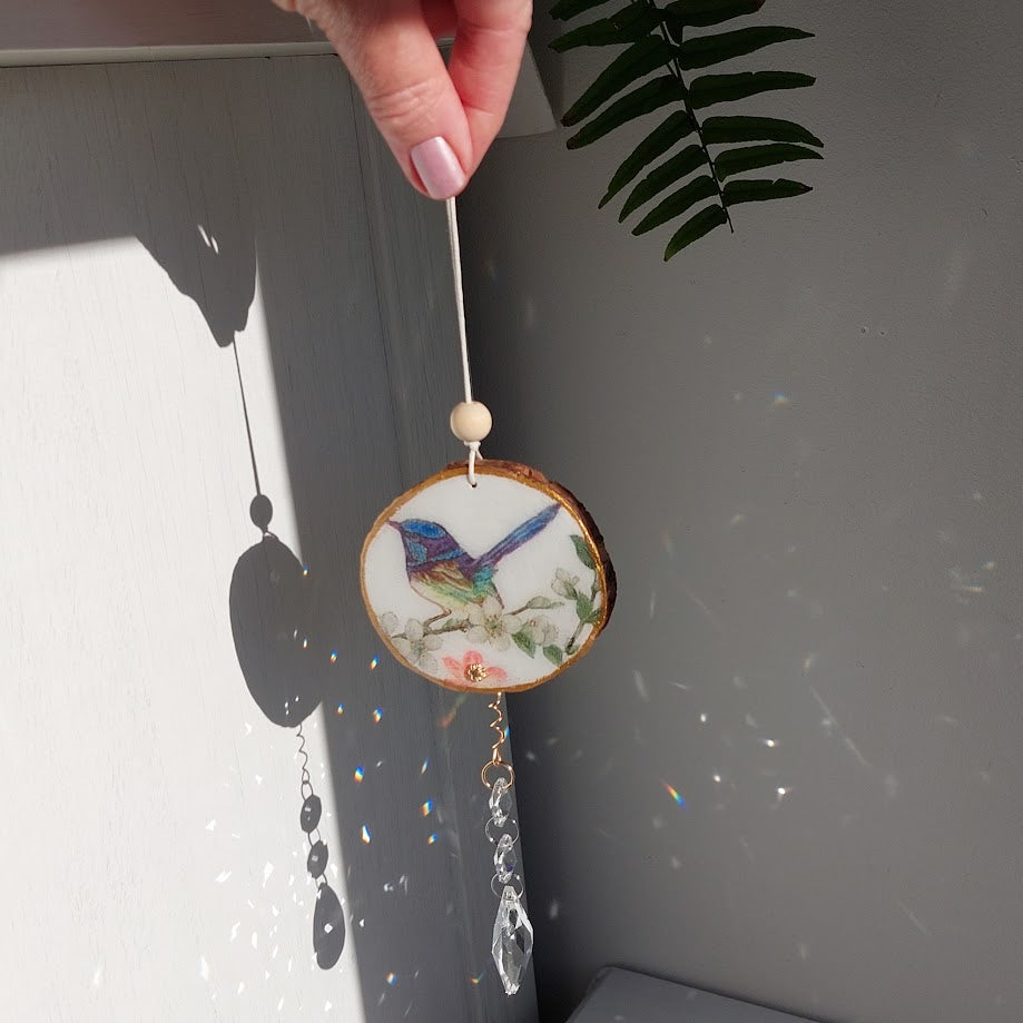 Crystal Suncatcher, Handmade Window Hanging, blue fairy-wren bird