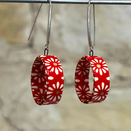Earrings Red White Japanese Paper Hoop Style