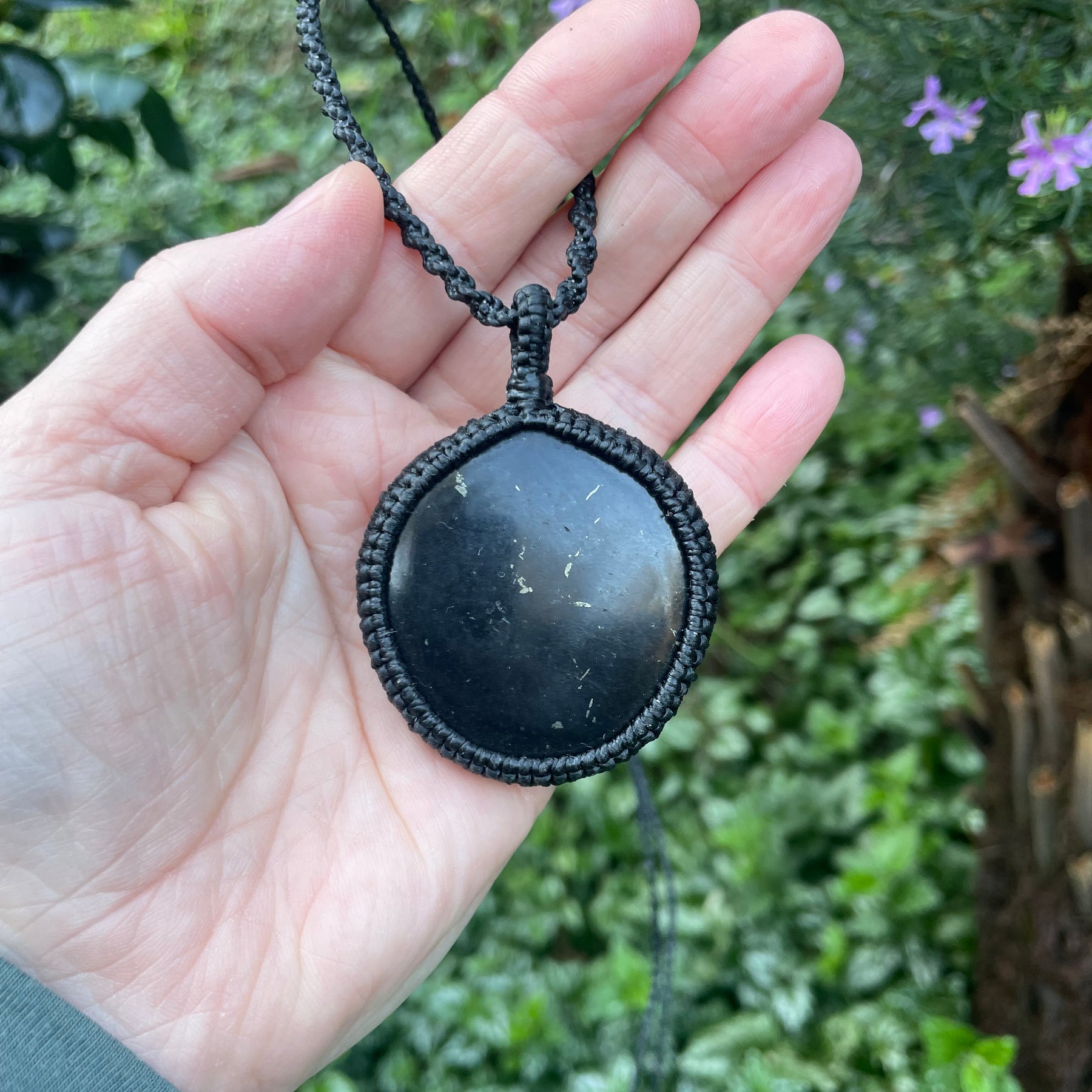 Shungite Macrame Necklace, Adjustable Boho Pendant