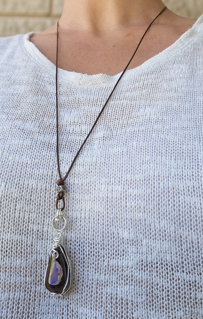 Boulder Opal & Sterling Silver Wire-Wrapped Pendant