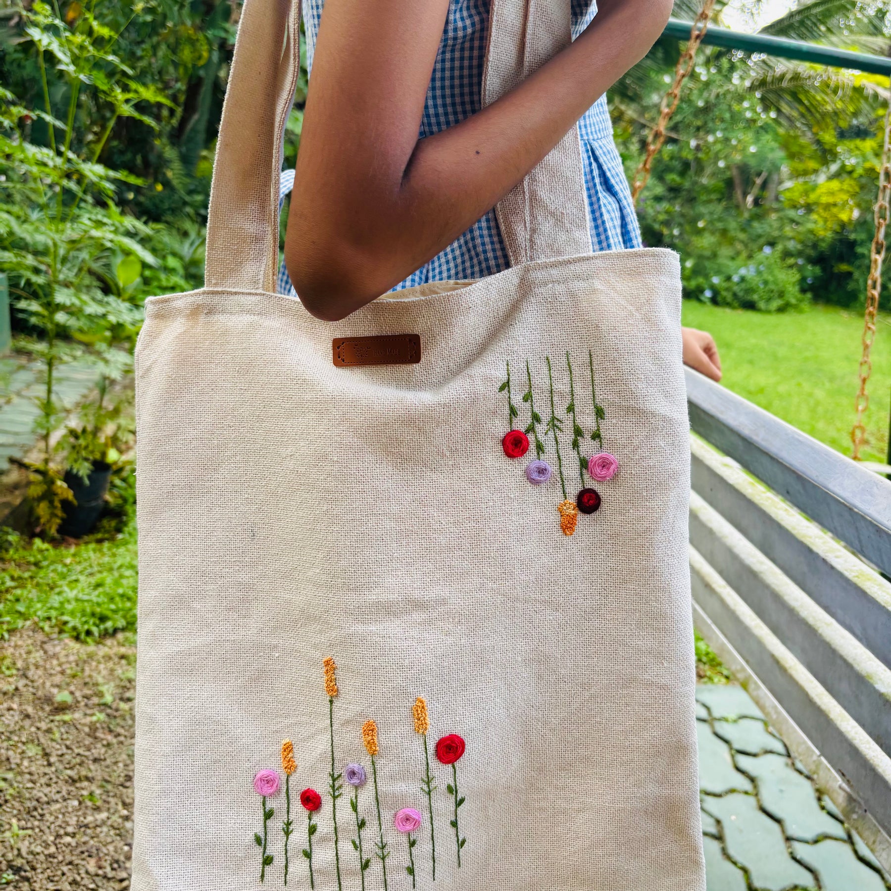Hand Embroidered Floral Tote Bag
