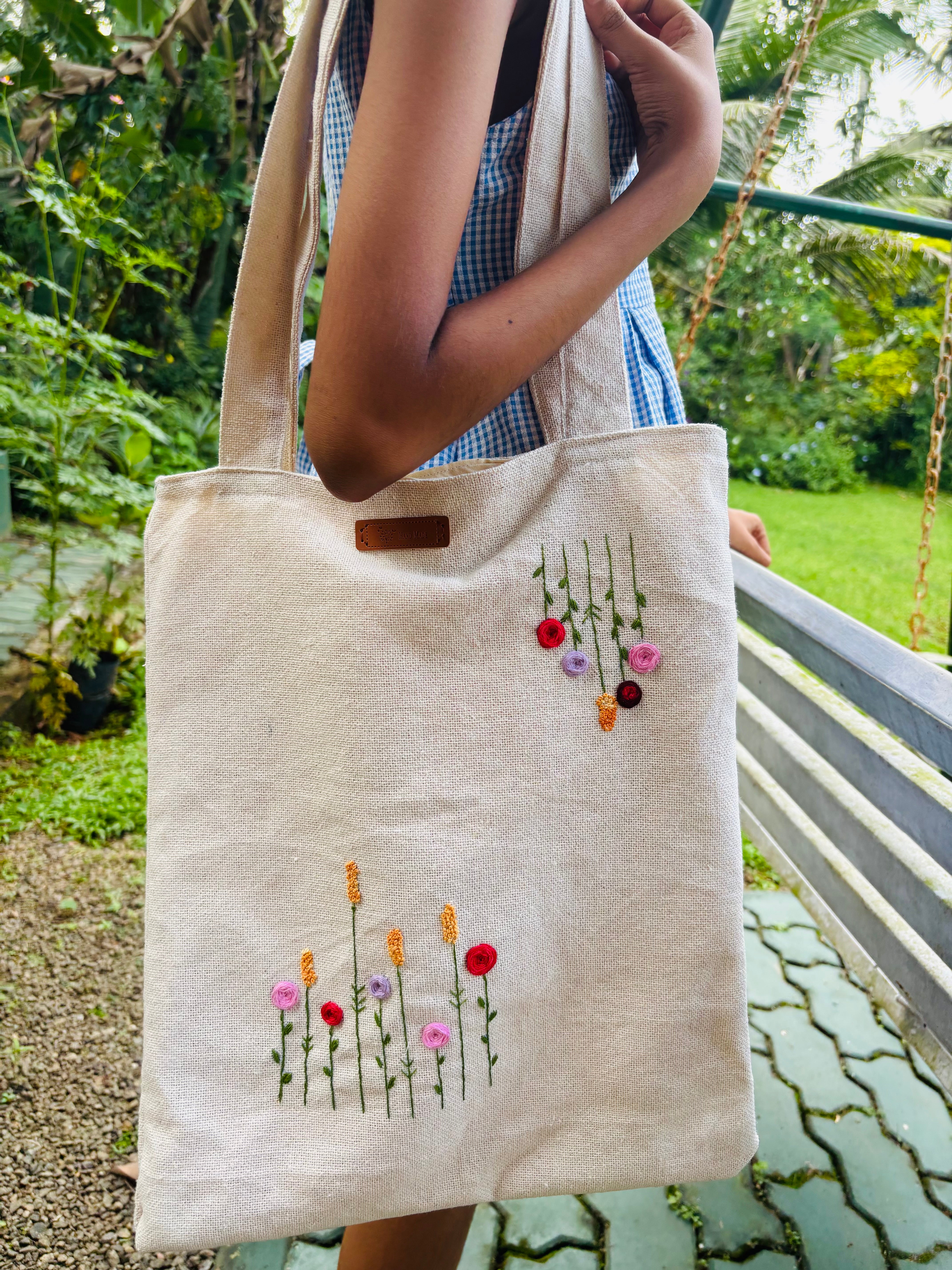 Hand Embroidered Floral Tote Bag