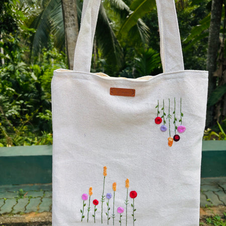 Hand Embroidered Floral Tote Bag