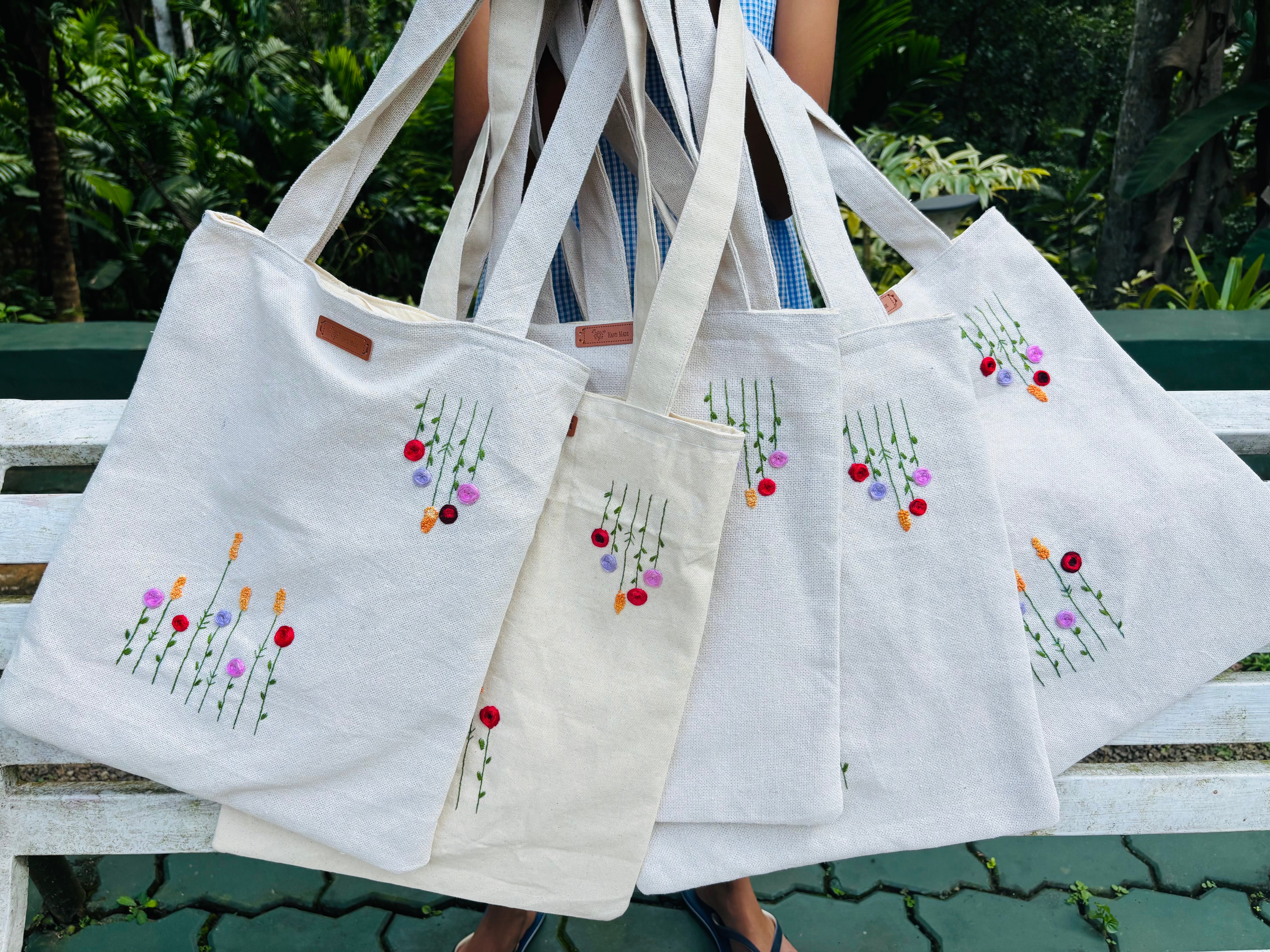Hand Embroidered Floral Tote Bag