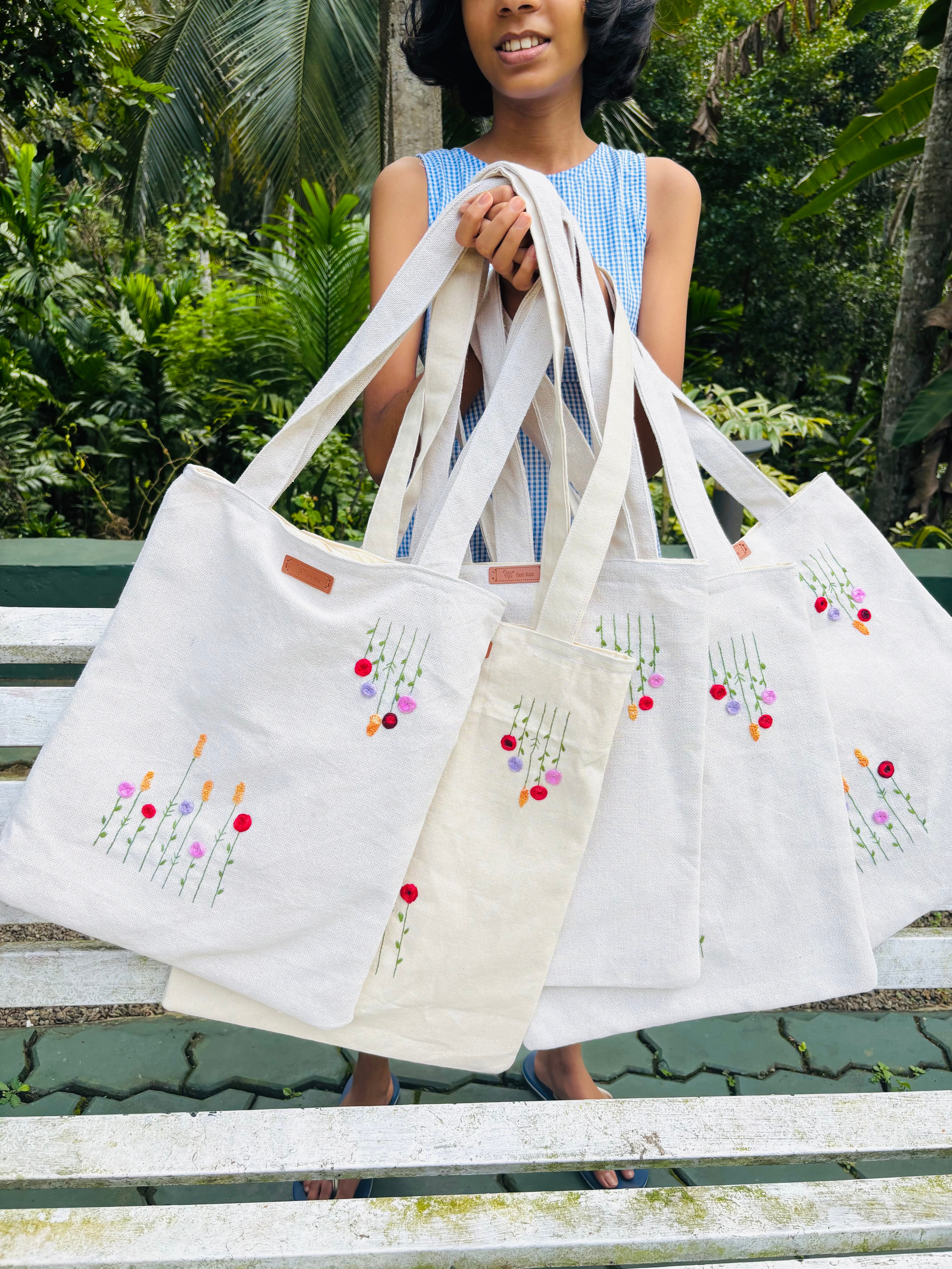 Hand Embroidered Floral Tote Bag