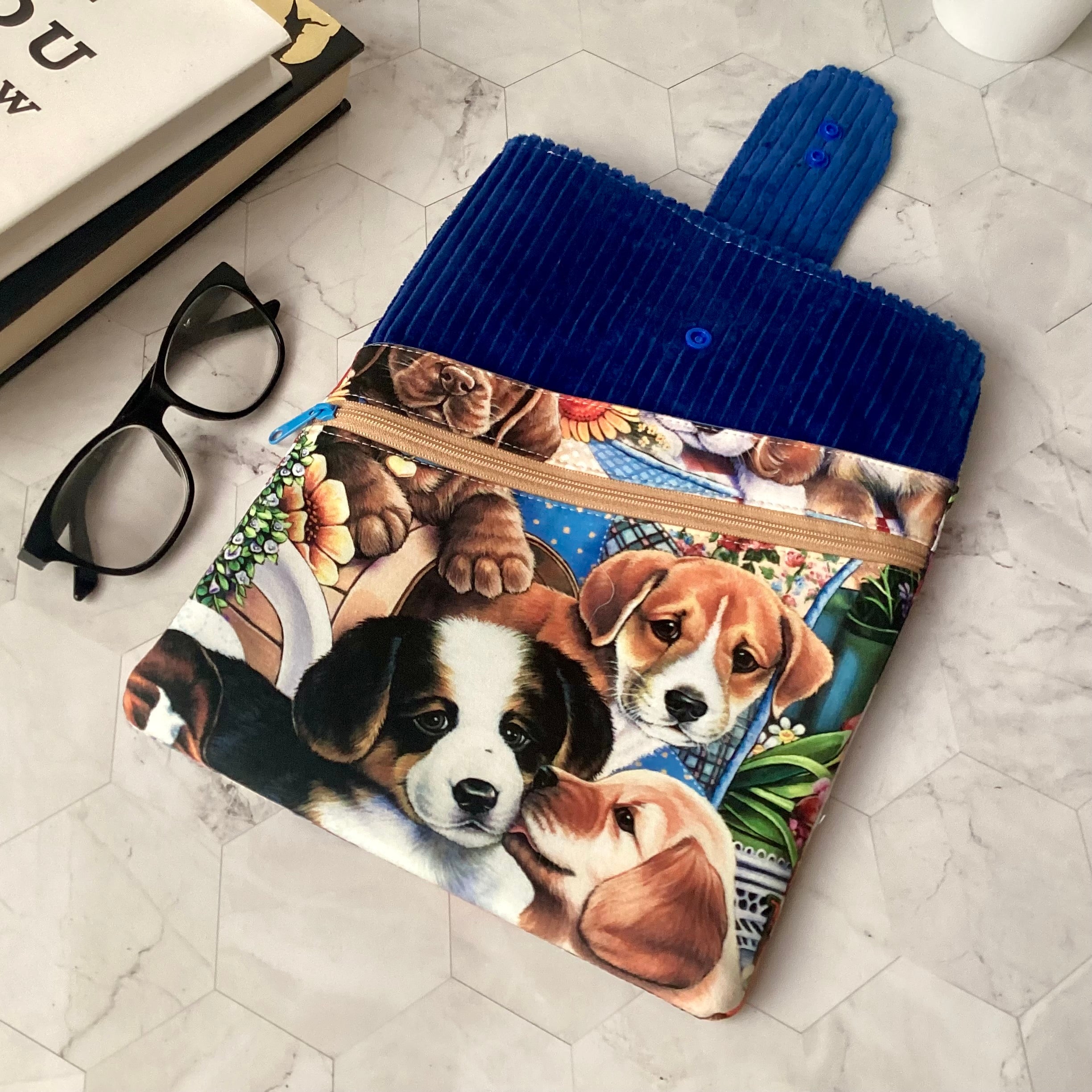 Puppy dogs fabric book sleeve with 2 pockets. iPad, tablet pouch