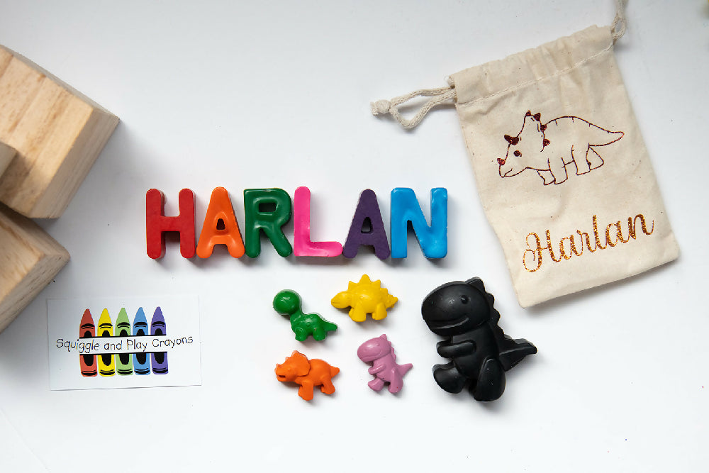 Name Crayons with Dinosaur Crayons and Personalised Bag