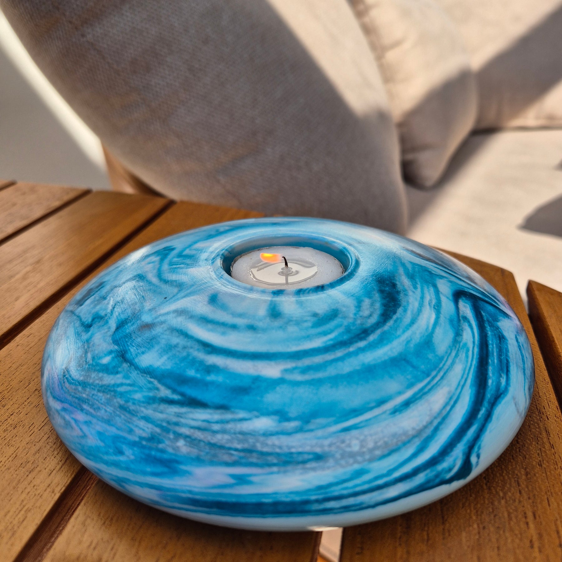 Large round concrete tealight candle holder in teal