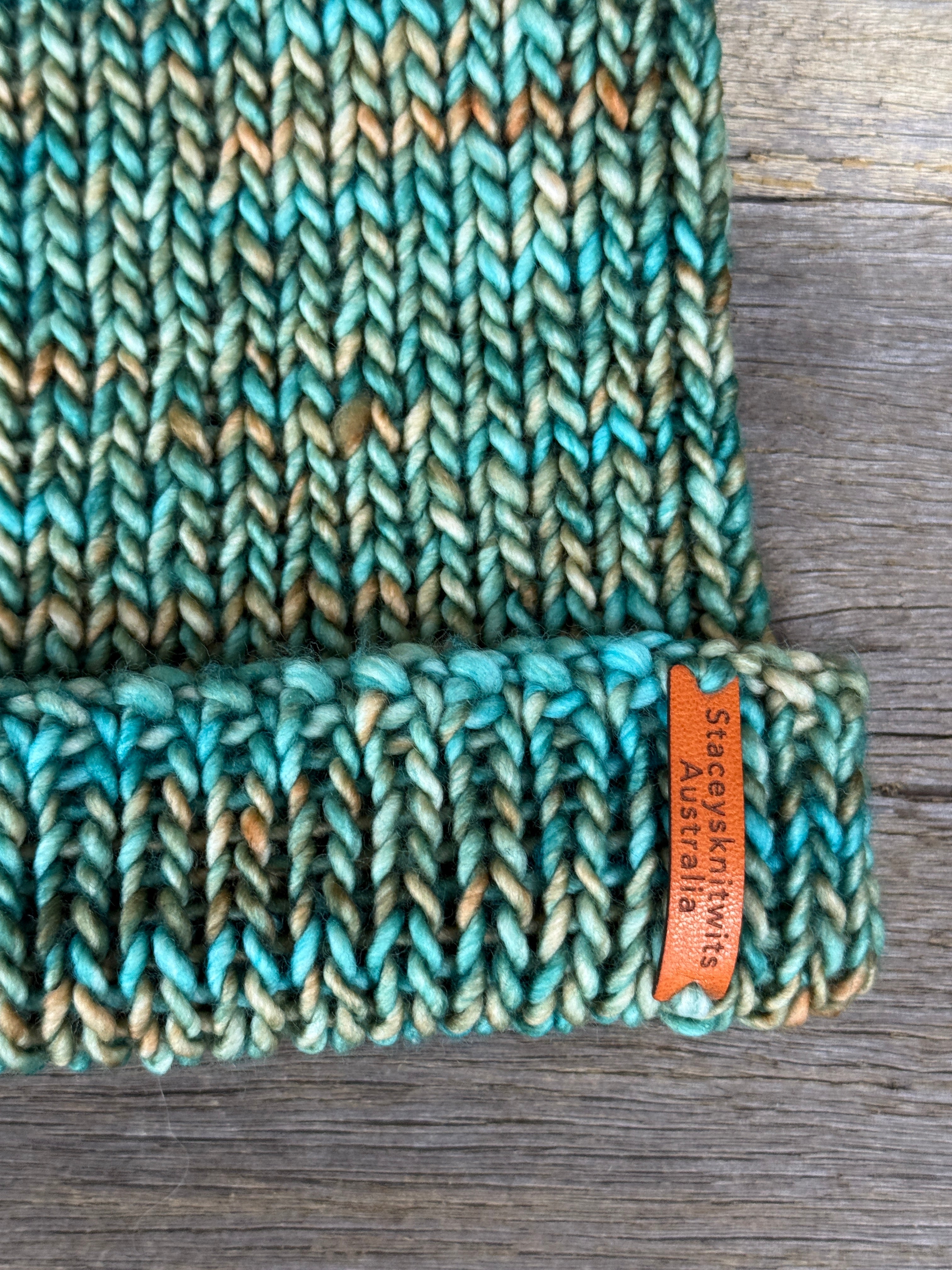 Unisex merino beanie, Green flecked hand knitted beanie