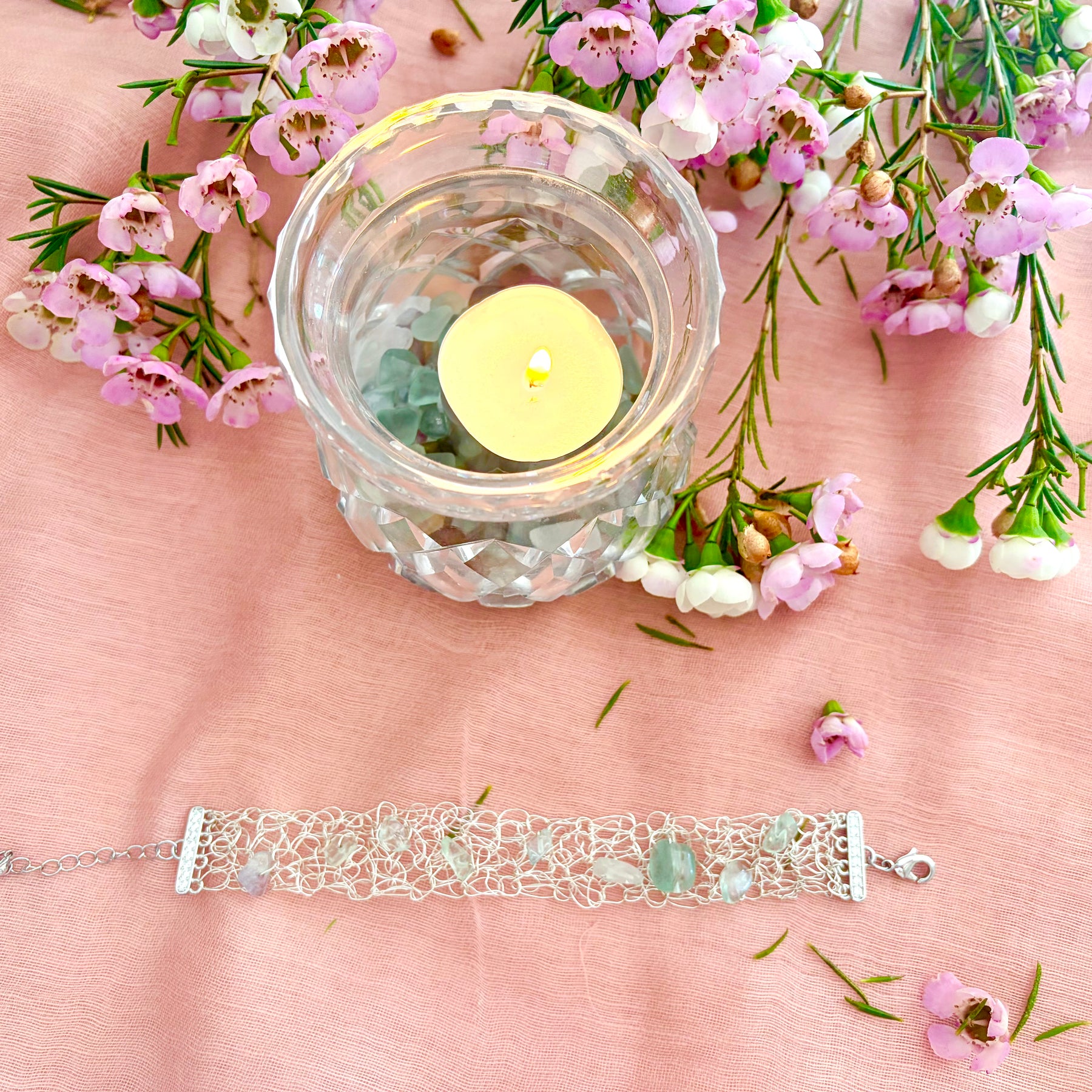✨FLUORITE WHISPER✨ Silver-blend crochet bracelet