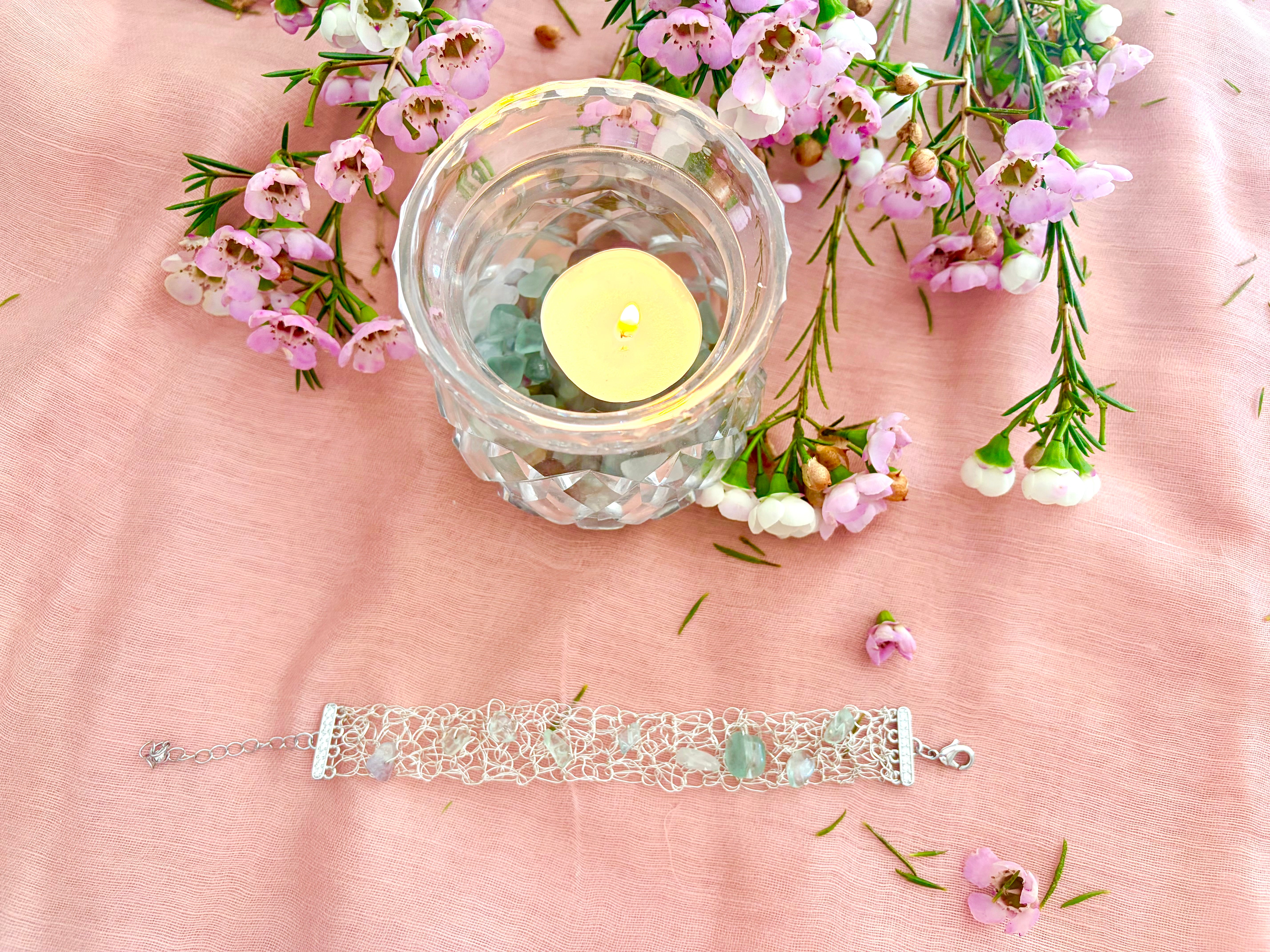 ✨FLUORITE WHISPER✨ Silver-blend crochet bracelet