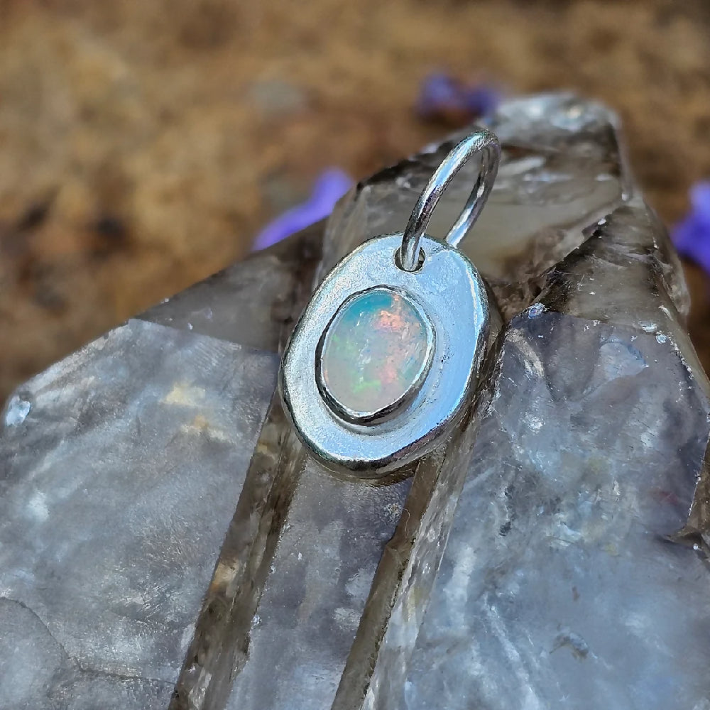 opal sterling silver hammered pebble pendant necklace handmade