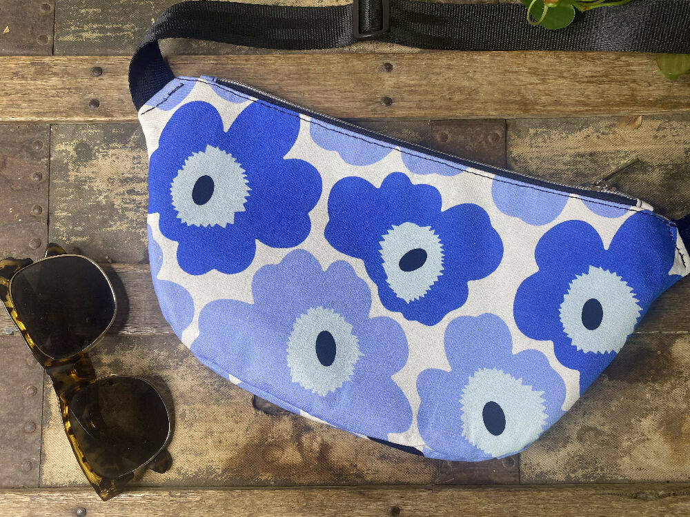 Bum/Waist/Hip Bag - Blue Floral/Black Faux Leather