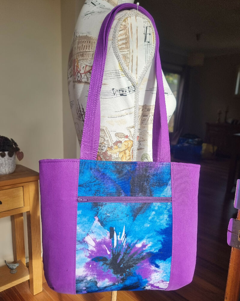 Upcycled small tote bag - purple & blue abstract floral