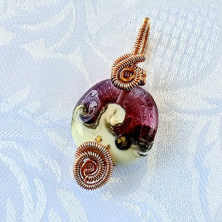 Purple and Cream Swirl Wirewapped Lampwork Pendant